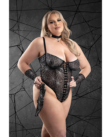Fantasy lingerie PL2409 1X2X Play Into My Web Lace-up Teddy Set, Black